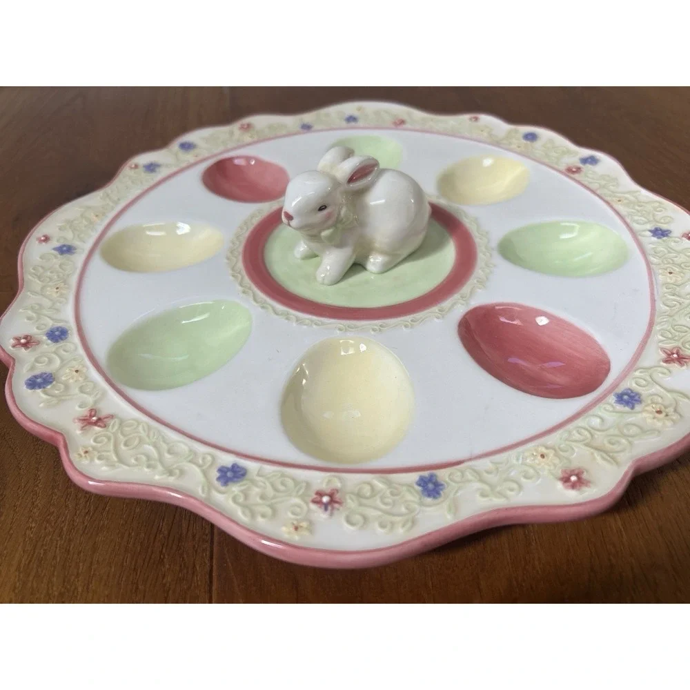 Easter Bunny Deviled Egg Plate Pastel Spring Platter 8 Eggs  11.5